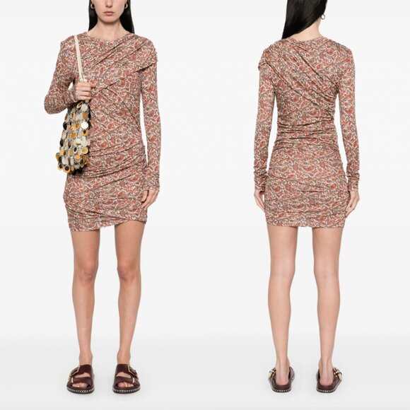 $630 Isabel Marant Etoile Orange Red Rust Multi Ruched Denise Dress size FR 38/6 - Picture 1 of 10